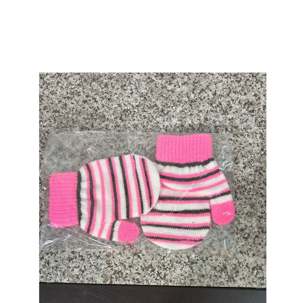 Kids Pink White Black Striped Knit Mittens Winter Cold Weather Gloves